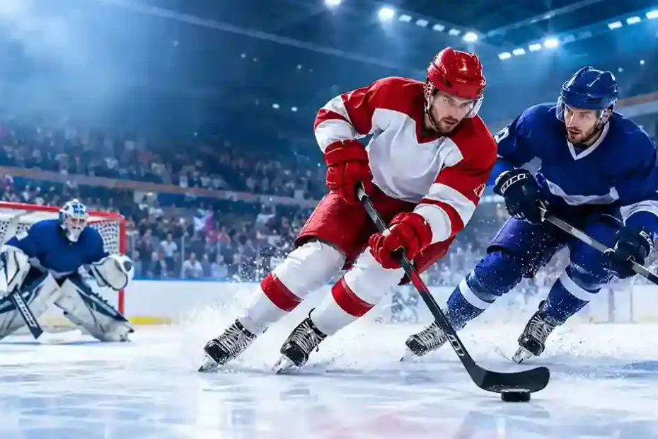 2026 Winter Olympics ice hockey players competing on the ice in an indoor arena.