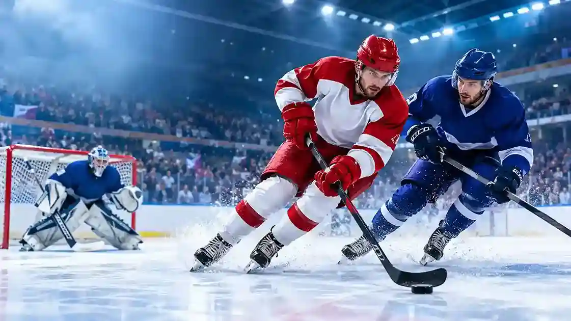 2026 Winter Olympics ice hockey players competing on the ice in an indoor arena.