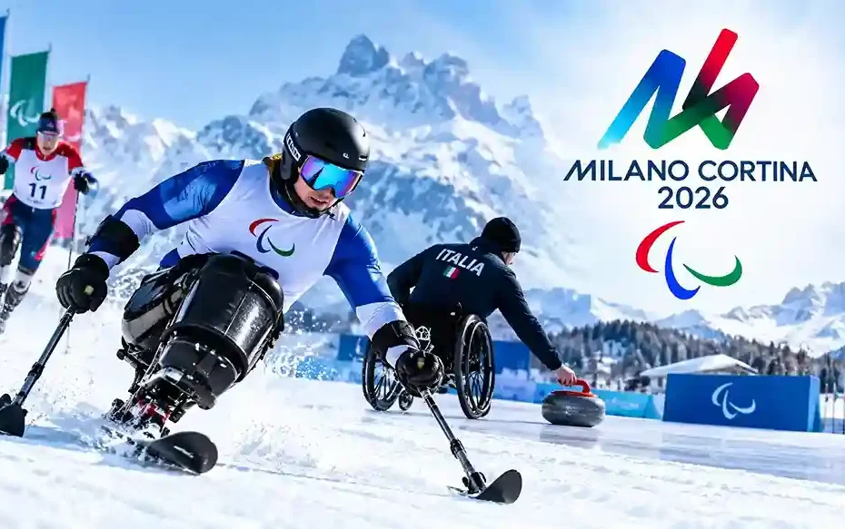 Adaptive athletes competing at the Milano Cortina 2026 Winter Paralympics in snowy alpine venues.
