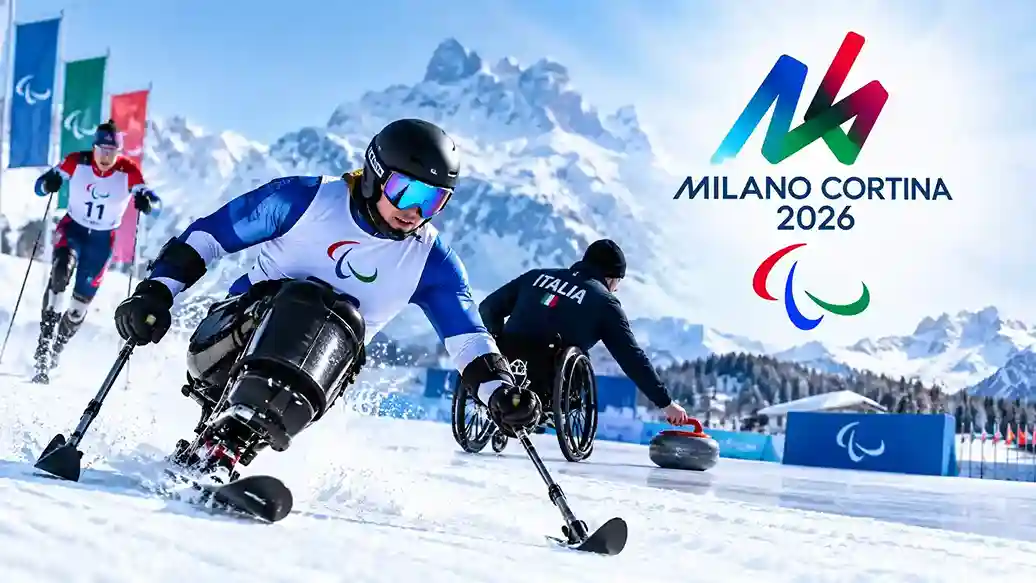 Adaptive athletes competing at the Milano Cortina 2026 Winter Paralympics in snowy alpine venues.