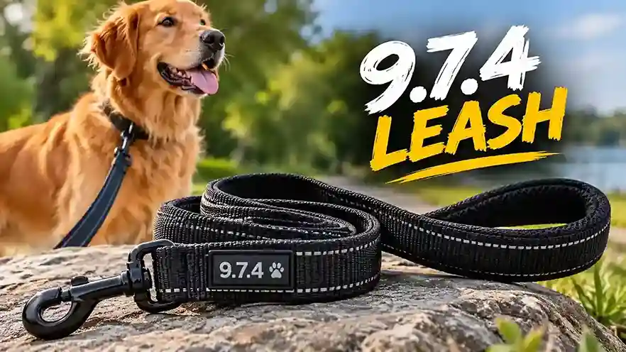Premium 9.7.4 leash with reflective stitching and a golden retriever outdoors.