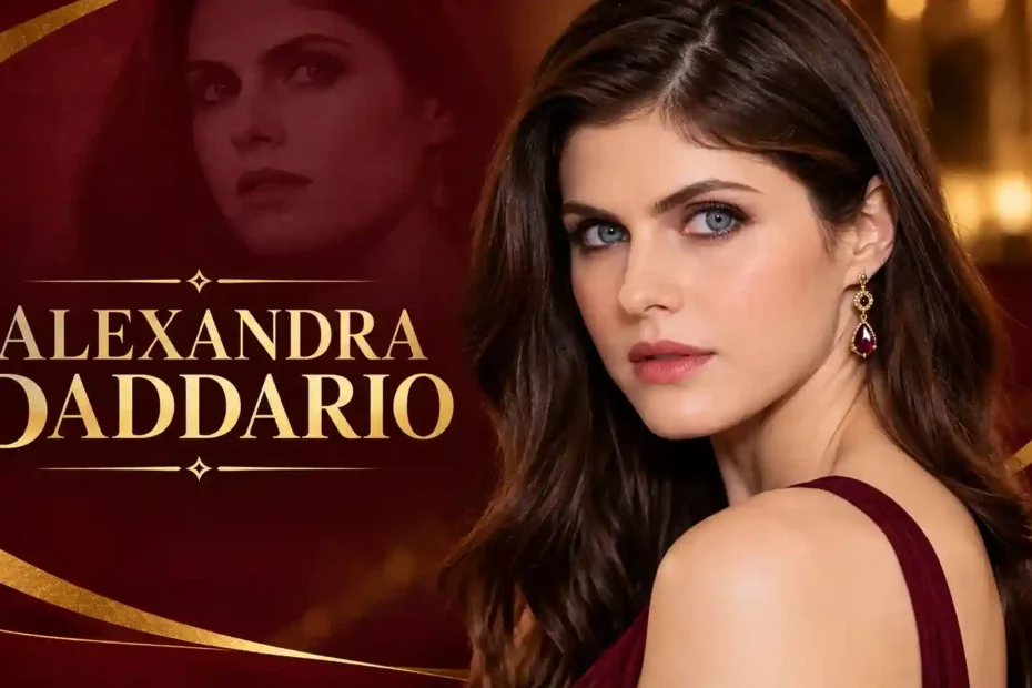 Alexandra Daddario portrait in an elegant maroon and gold theme