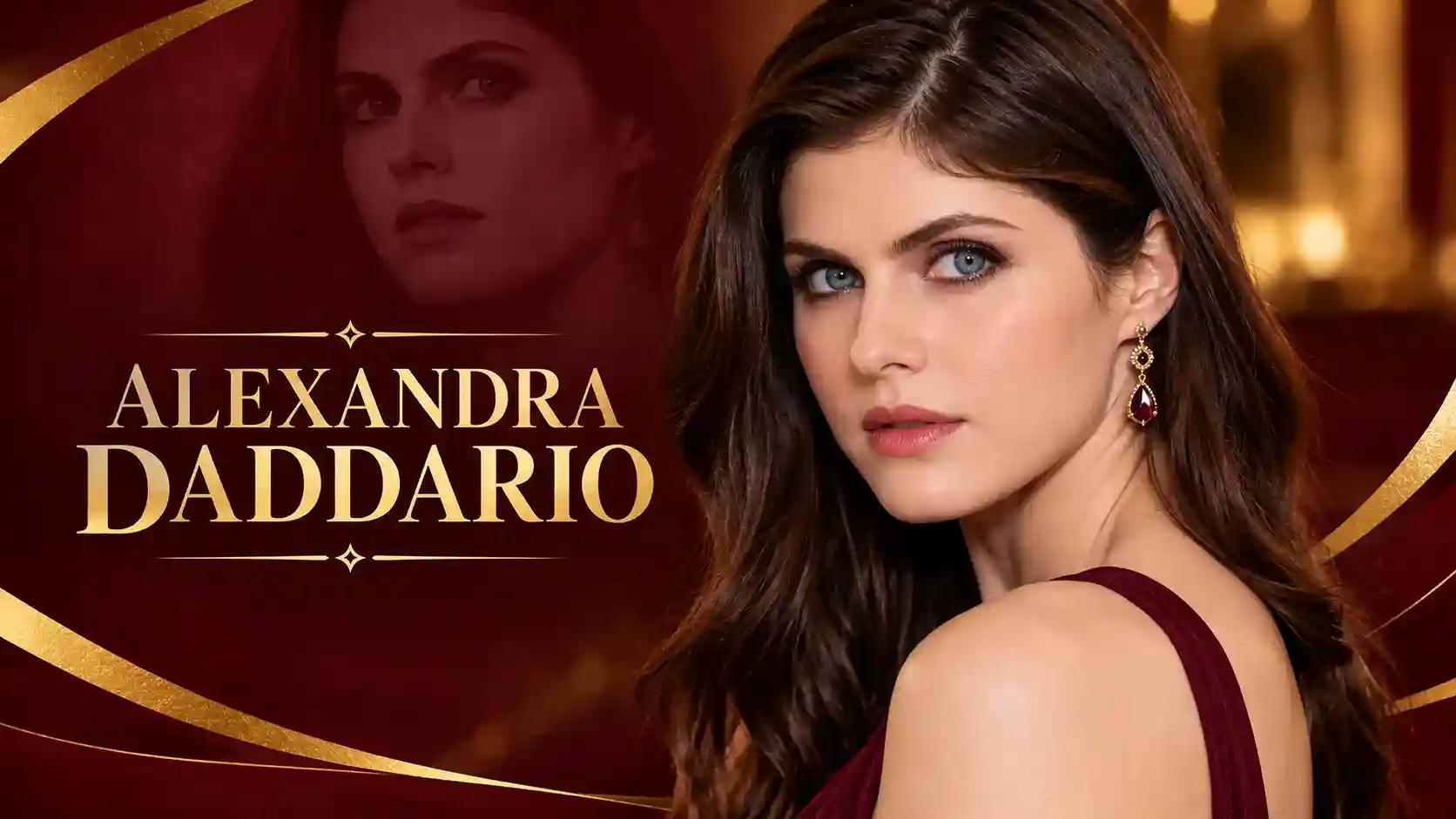 Alexandra Daddario portrait in an elegant maroon and gold theme