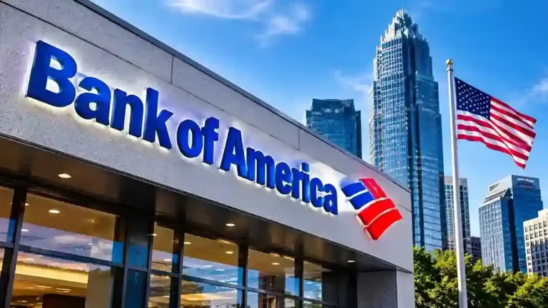 Bank of America building with its corporate logo, city skyscrapers, and American flag.