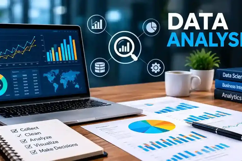 Data analysis dashboard displaying charts, graphs, statistics, and data visualization on a laptop