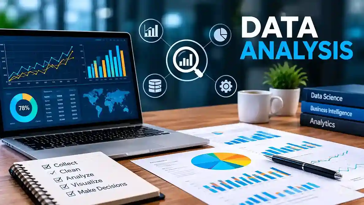 Data analysis dashboard displaying charts, graphs, statistics, and data visualization on a laptop
