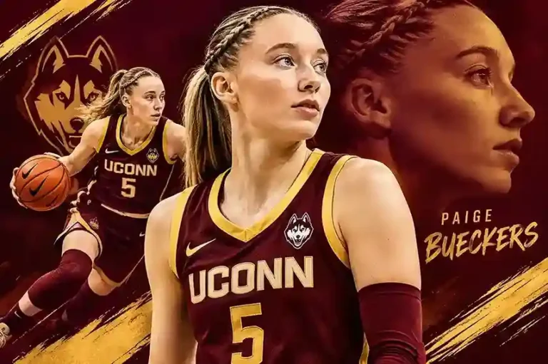 Paige Bueckers in a maroon and gold basketball uniform holding a basketball