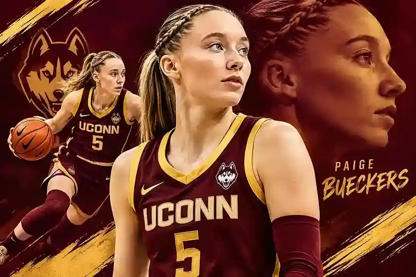 Paige Bueckers in a maroon and gold basketball uniform holding a basketball