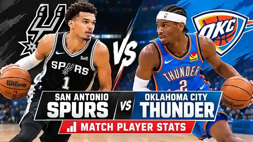 San Antonio Spurs vs Oklahoma City Thunder match player stats featuring NBA players in a basketball showdown.