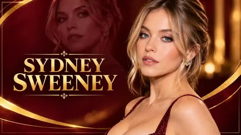 Sydney Sweeney glamorous portrait in a maroon and gold design