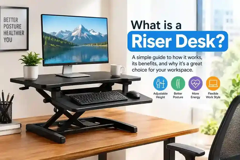What Is a Riser Desk? Adjustable black riser desk on a wooden workstation with monitor, keyboard, and mouse.