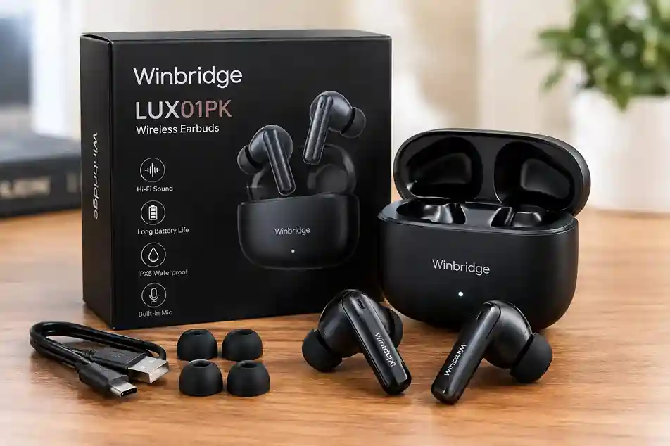 Winbridge LUX01PK wireless earbuds with charging case and accessories.